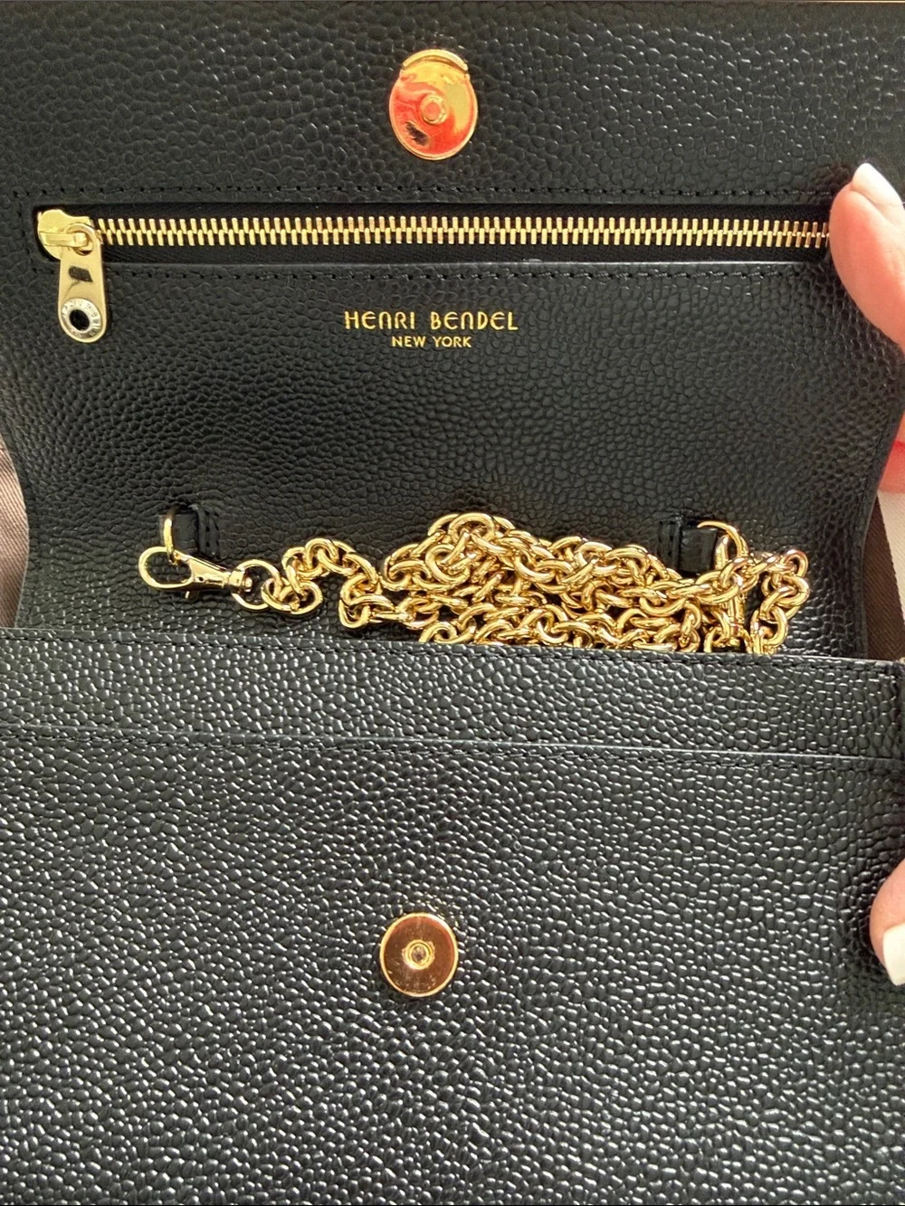 Henri Bendel Black Leather Clutch with Gold Bar Accent gold change vintage
